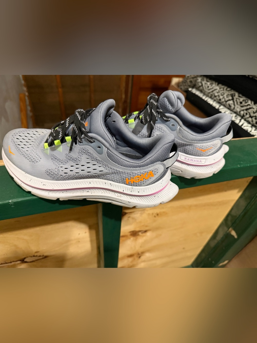 Hoka Kawana Gray Running Shoes with Orange Logo and Pink Trim